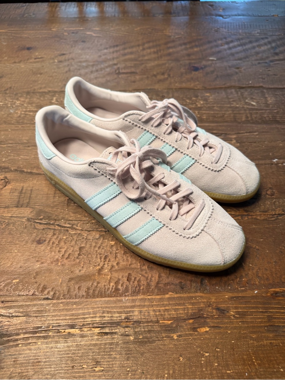 adidas Women’s Pale Pink Suede Sneakers with Mint Green Stripes
